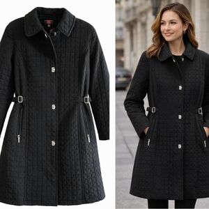 Blk GALLERY Womens Quilted Mid-length Coat | Tailored Fit | Zip Pockets Sz LARGE